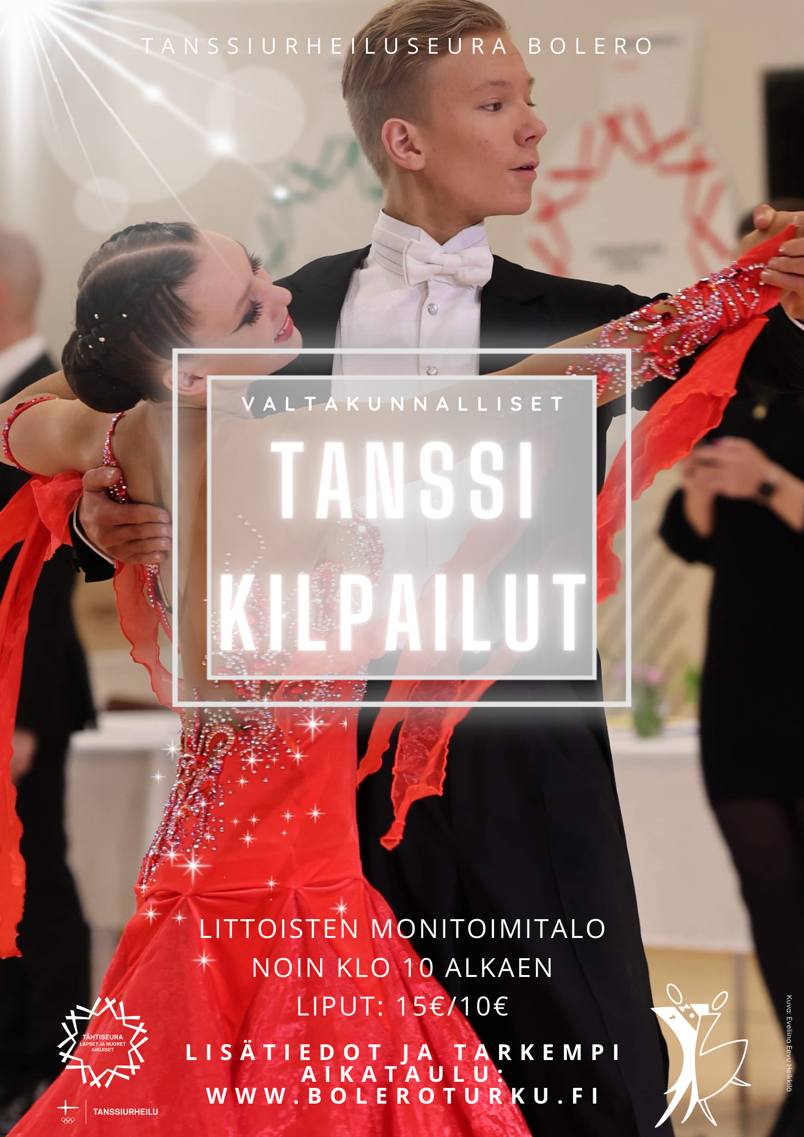 Tanssikilpailut 3.12.2022_mainos_juliste 1 Valtakunnallisten tanssikilpailujen 3.12.2022 mainos, jossa nuori vakiotanssipari.